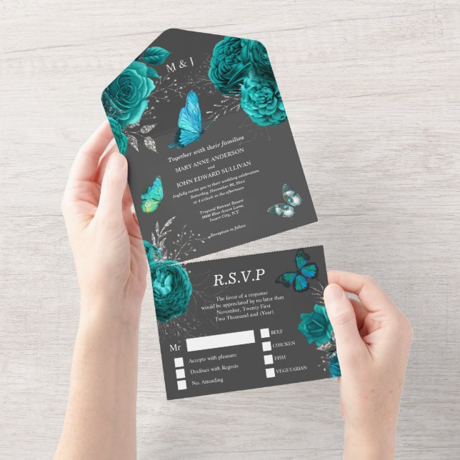  Aqua gray rose elegant butterfly glam budget All In One Invitation (Tearaway)
