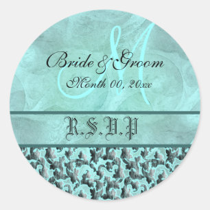 Aqua gray rsvp wedding floral damask classic round sticker