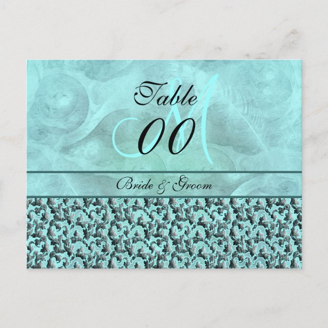 Aqua gray "table number" wedding damask postcard (Front)