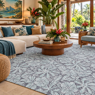 Aqua Gray Tropical Floral Botanical Rug