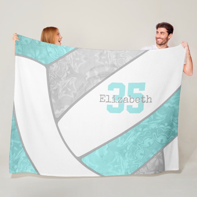 aqua gray volleyball custom name jersey number fleece blanket (In Situ)