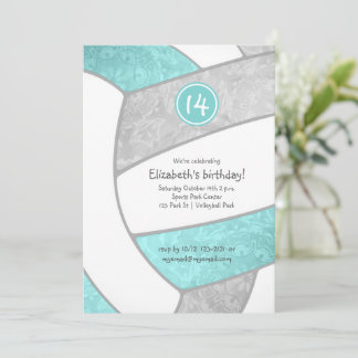 aqua gray volleyball girly sports birthday party invitation