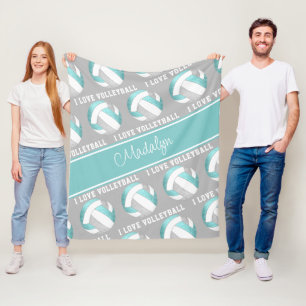 aqua gray white girls love volleyball room decor fleece blanket