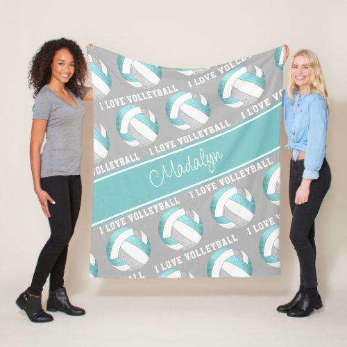 aqua gray white girls love volleyball room decor fleece blanket