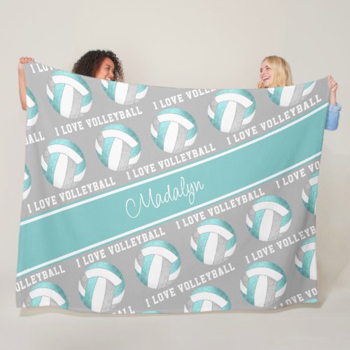 aqua gray white girls love volleyball sports room  fleece blanket