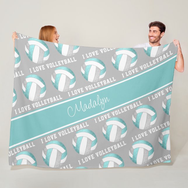 aqua gray white girls love volleyball sports room  fleece blanket (In Situ)