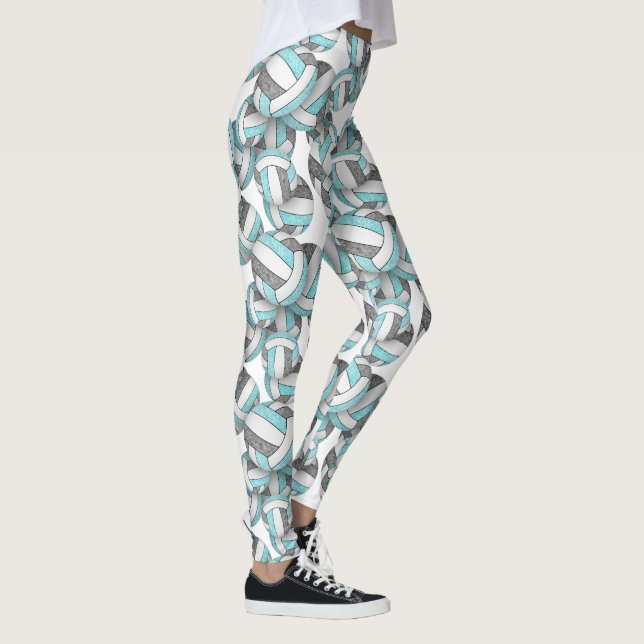 Aqua gray white girly volleyballs pattern leggings (Right)