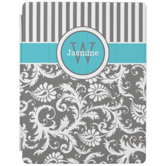 Aqua Gray White Stripes, Damask iPad 2/3/4 Cover