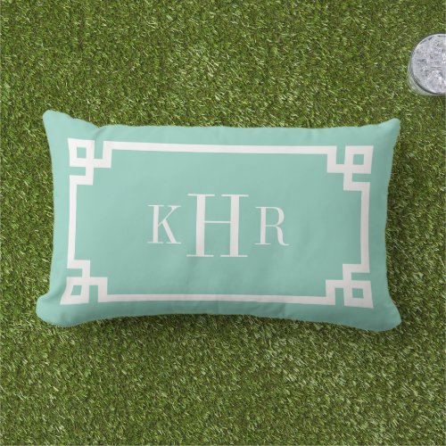 Aqua Greek Key Border Custom Monogram Outdoor Pillow