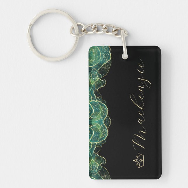 Aqua Green and Gold Elegant Script Personalized Keychain (Front)