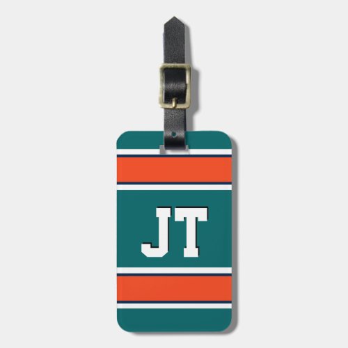 Aqua Green and Orange Sports Stripes Monogram Luggage Tag