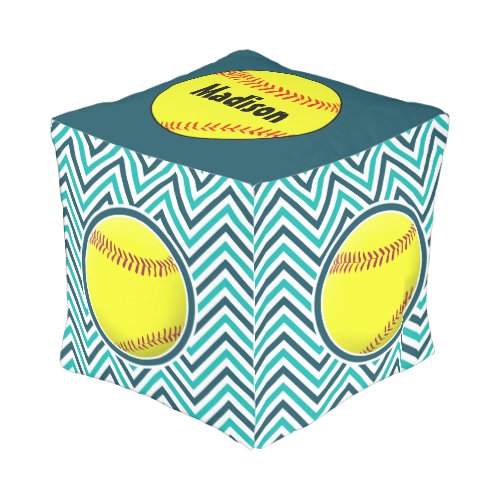 Aqua Green and Teal Softball Zigzag Pattern Pouf