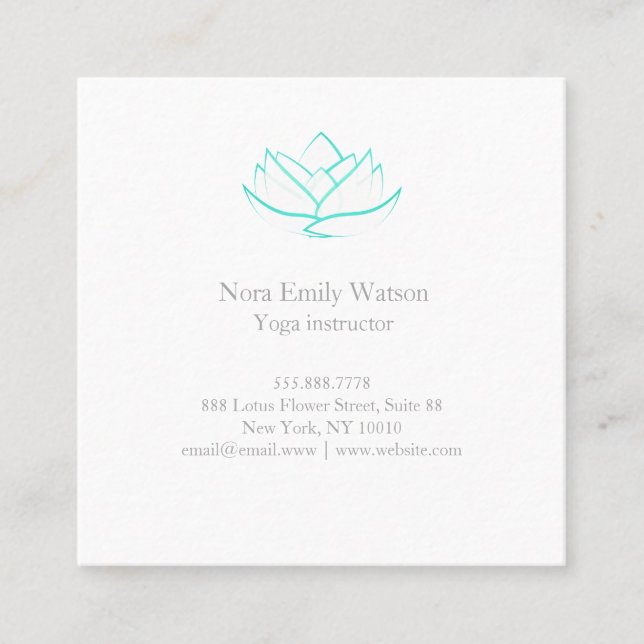 Aqua Green and White Square Lotus Business Card (Front)