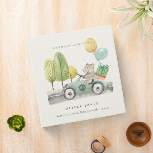 Aqua Green Any Age Birthday Party Teddy Car  3 Ring Binder