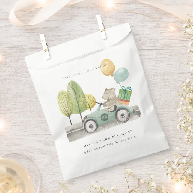 Aqua Green Any Age Birthday Party Teddy Car Favor Bag (Clipped)
