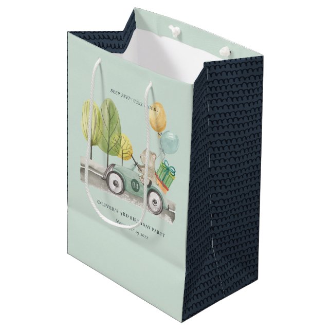 Aqua Green Any Age Birthday Party Teddy Car Medium Gift Bag (Front Angled)