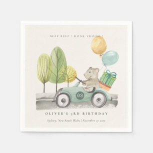 Aqua Green Any Age Birthday Party Teddy Car  Napkins