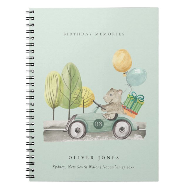 Aqua Green Any Age Birthday Party Teddy Car Notebook (Front)