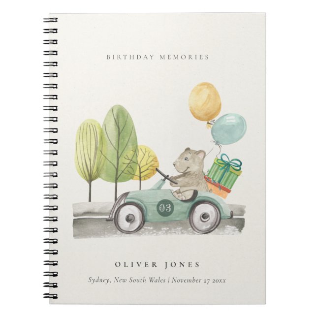 Aqua Green Any Age Birthday Party Teddy Car Notebook (Front)