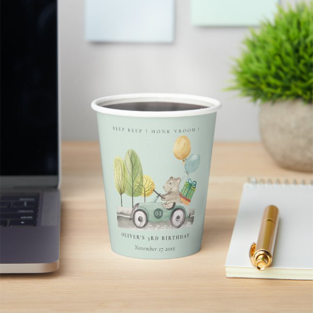 Aqua Green Any Age Birthday Party Teddy Car Paper Cups (Insitu)