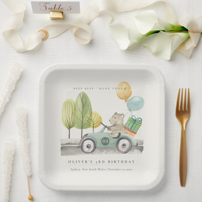 Aqua Green Any Age Birthday Party Teddy Car Paper Plates (Wedding)
