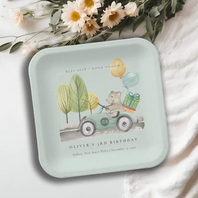 Aqua Green Any Age Birthday Party Teddy Car Paper Plates (Creator Uploaded)