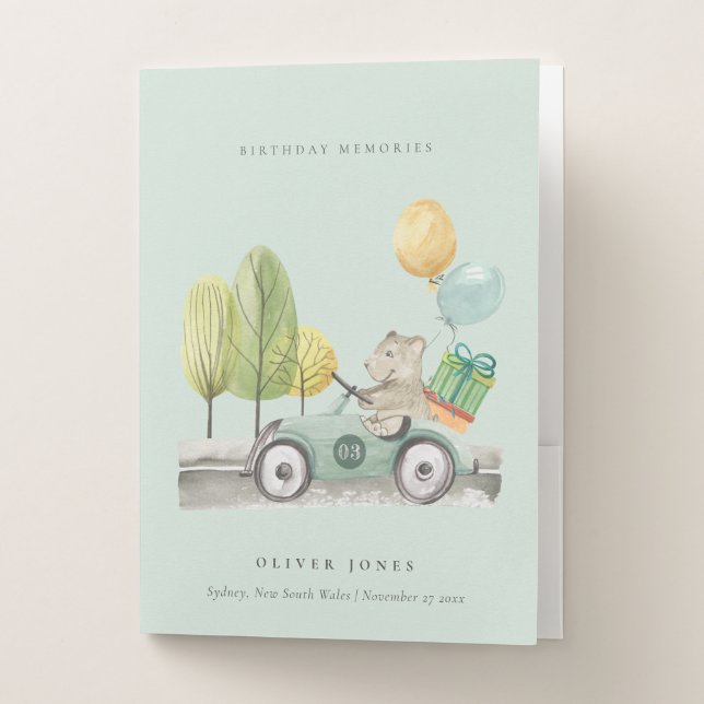 Aqua Green Any Age Birthday Party Teddy Car Pocket Folder (Front)