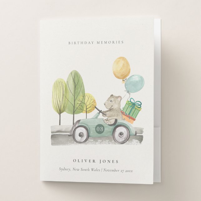 Aqua Green Any Age Birthday Party Teddy Car Pocket Folder (Front)