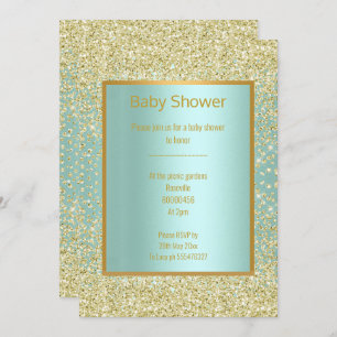 AQUA GREEN BLUE DIAMOND SPARKLE GOLD BABY SHOWER INVITATION