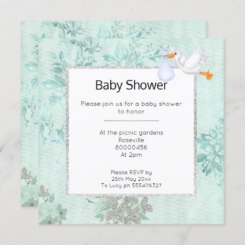 AQUA GREEN BLUE MODERN STORK BABY SHOWER INVITATION