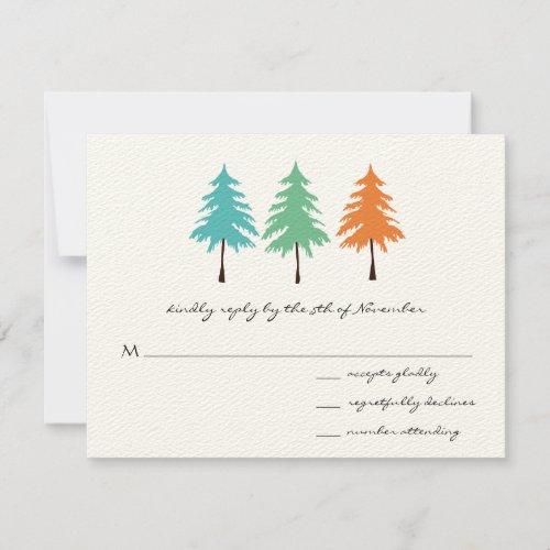 Aqua Green Coral Forest Pine Tree Wedding RSVP Card
