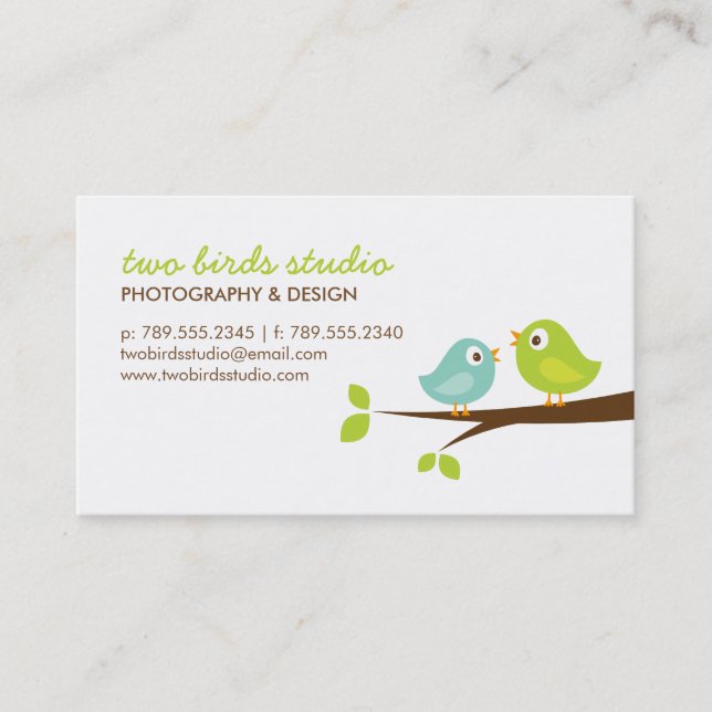Aqua & Green Cute Birds on a Branch Business Card (Front)