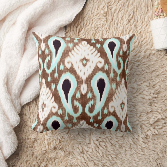 Aqua Green Dark Taupe Brown Ikat Tribal Pattern Throw Pillow (Blanket)