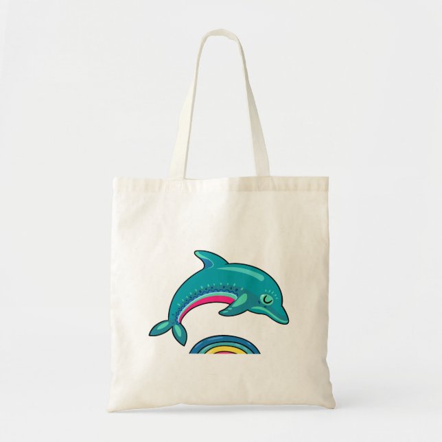 Aqua Green Dolphin Arching Over Rainbow Water Tote Bag (Front)