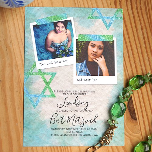 Aqua Green Glitter Stars Bat Mitzvah Invitations