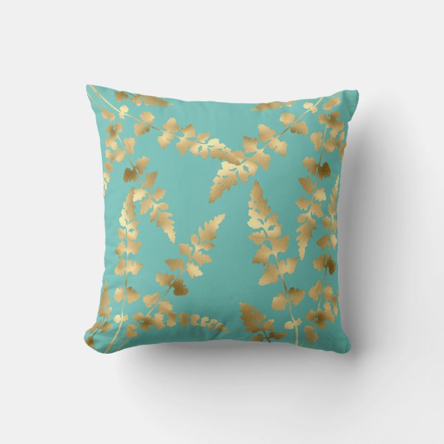 Aqua Green Gold leaf double sided hamptons Throw Pillow (Front)