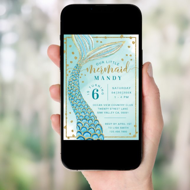 Aqua Green Gold Little Mermaid Birthday Invitation (Front Digital)