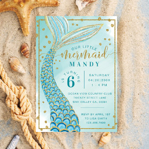 Aqua Green Gold Little Mermaid Birthday Invitation