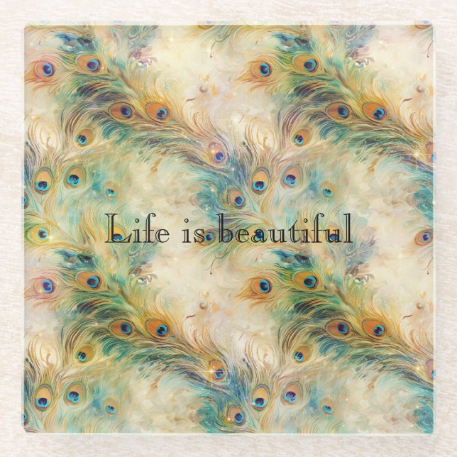Aqua Green Gold Peacock Feathers Glass Coaster (Front)
