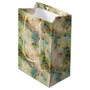 Aqua Green Gold Peacock Feathers Medium Gift Bag