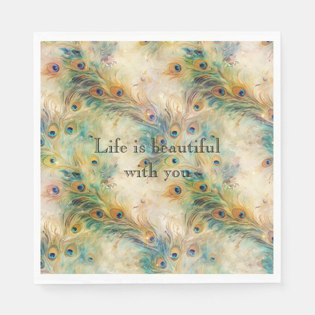 Aqua Green Gold Peacock Feathers Napkins (Front)