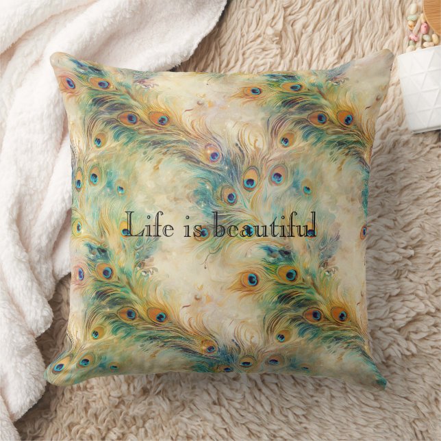 Aqua Green Gold Peacock Feathers Throw Pillow (Blanket)