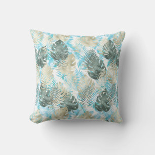 Aqua Green Gold Tropical Leaves   Throw Pillow