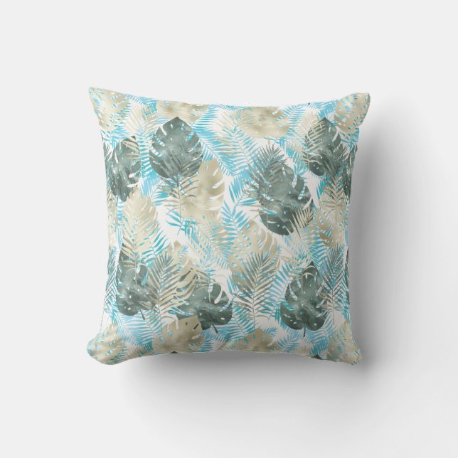 Aqua Green Gold Tropical Leaves   Throw Pillow (Front)