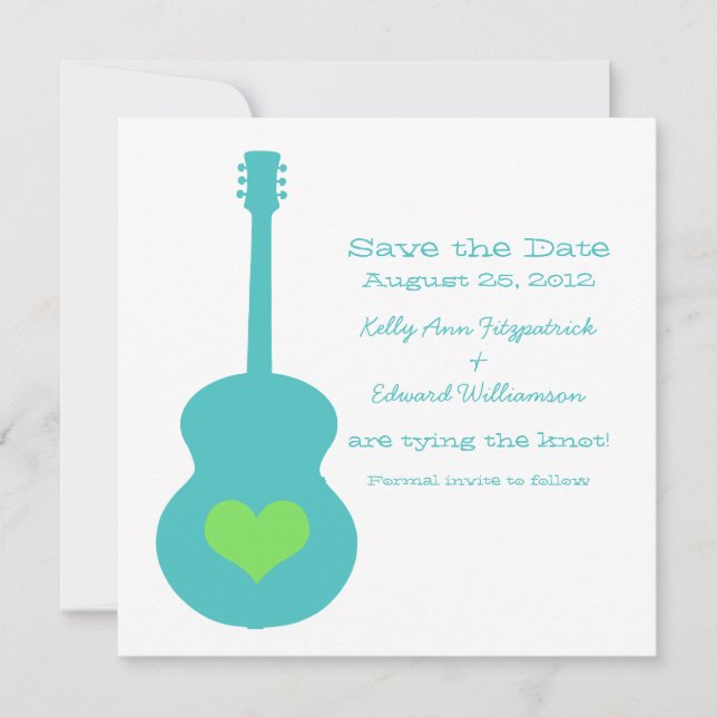 Aqua/Green Guitar Heart Save the Date Invite (Front)