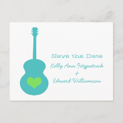 AquaGreen Guitar Heart Save the Date Postcard