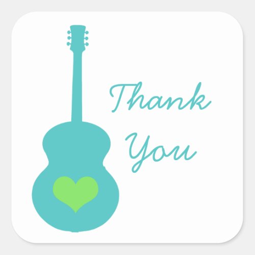 AquaGreen Guitar Heart Thank You Stickers