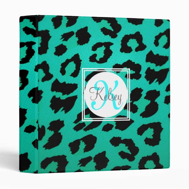 Aqua Green Leopard Print Monogram 3 Ring Binder (Front/Spine)