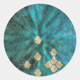 Aqua green Mermaidscales with gold glitter Classic Round Sticker