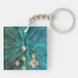 Aqua green Mermaidscales with gold glitter Keychain
